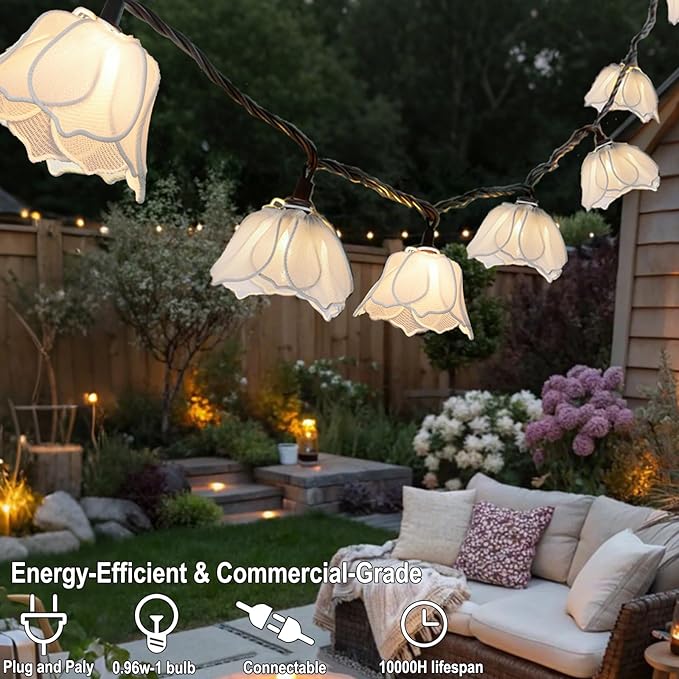 Decorative String Lights Plug in with 10 Bulbs, Flower Garland Fairy Lights Connectable Weatherproof Outdoor Indoor for Wedding Garden Pergola Bedroom Porch Floral Home Decor (White)