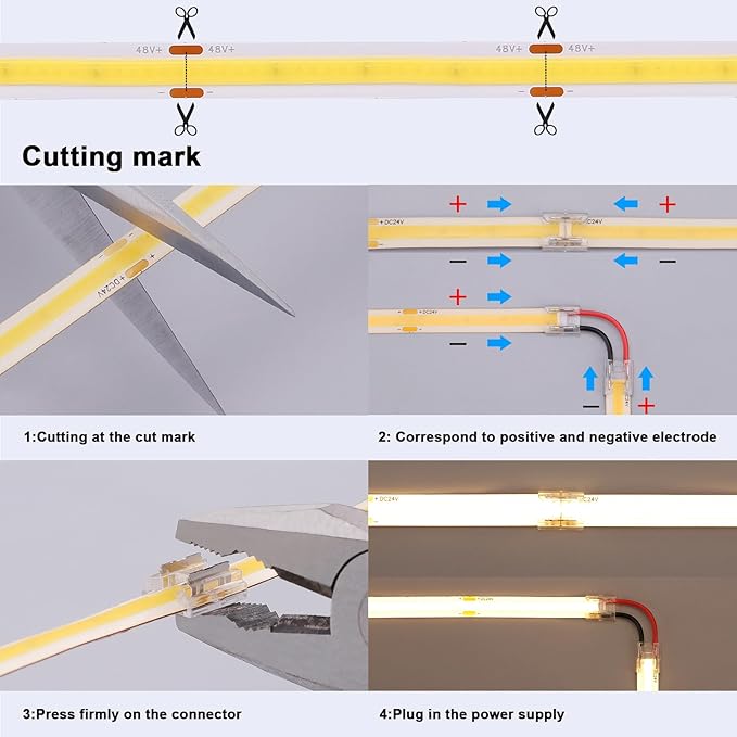 48V COB LED Strip Light 65.6ft, 6000K Cool White Flexible Cuttable LED Tape Lights 8W/M 480LEDs/M CRI 92 with AC 110V Power Supply for Bedroom Ceiling Living Room Commercial