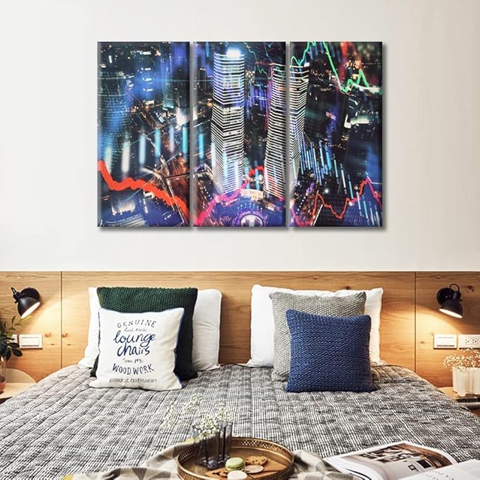 TUMOVO 3 Panel Wall Art Trading Graph on The Cityscape at Night Background Paintings Modern Home Decor Stock Market Picture Wall Decor Living Room Framed Ready to Hang (60" Wx40 H)