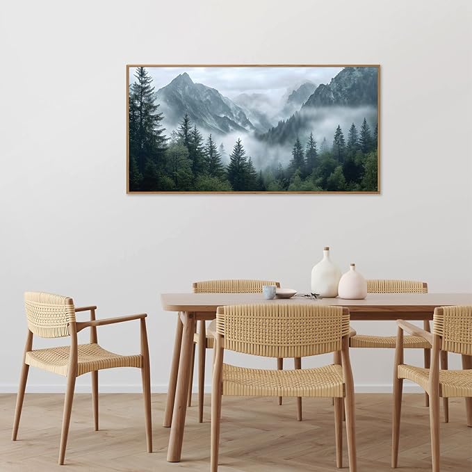 YeeHomedec Large Mountain Framed Canvas Wall Art, Modern Calming Forest Wall Decor, Misty Nature Mountains Art Painting, Wooden Pine Trees Artwork for Living Room Bedroom Farmhouse 20"x40"