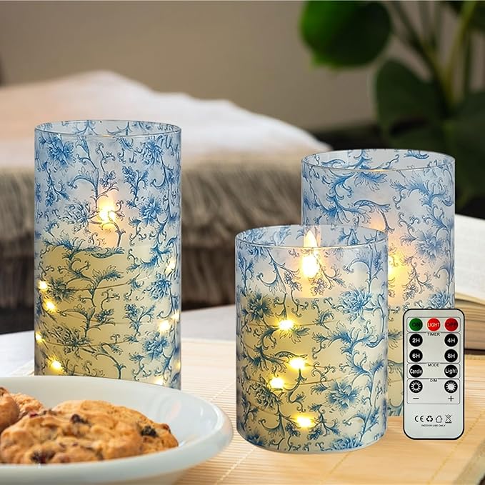 Blue Floral Flameless LED Pillar Candles with String Lights, 3pcs Battery Operated Flickering Candles with Remote Timer, Decorative Flower Printed Candles for Wedding Home Decor Romantic Ambiance