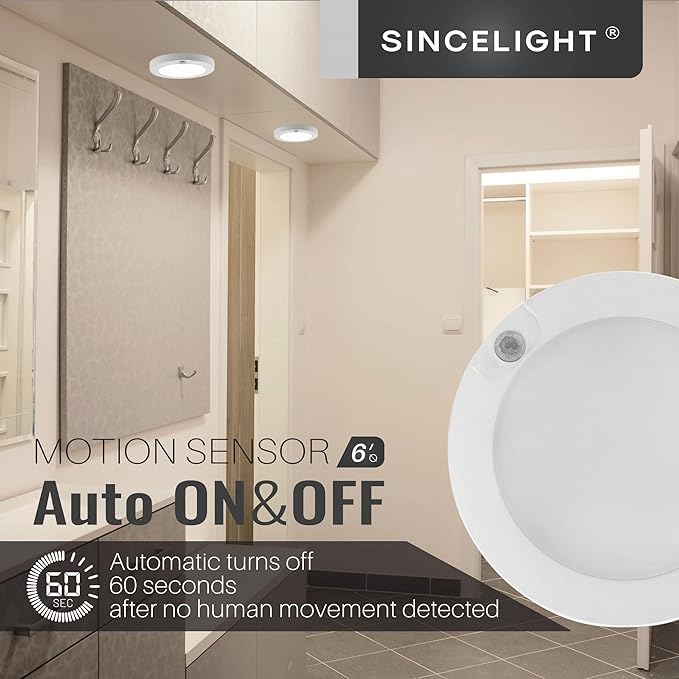 SINCELIGHT PIR Motion Sensor 7W LED Ceiling Light (Φ6''/146mm), Automatically ON/Off, Movement Activated, Cool White 6000K, Surface/Flush Mount for Closet,Cabinet,Hallway, Damp Use, Pack of 1