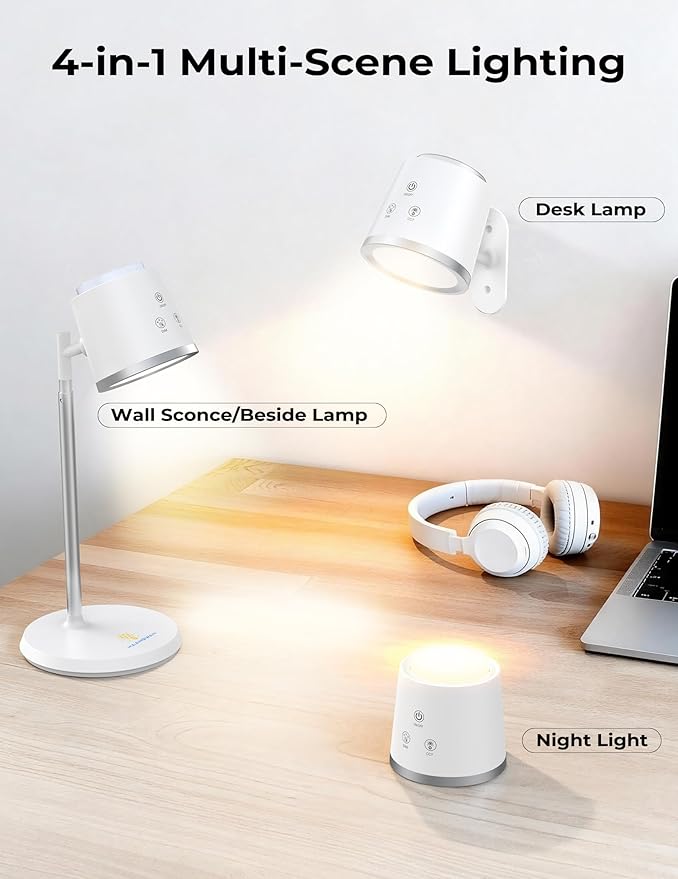 Modular LED Desk Lamp for Home Office, Eye-Caring Table Lamp Dimmable Rechargeable with 360°Adjustable Head, 3 Color Temperatures & Stepless Brightness, Touch Control & Memory, Multi-Scene Use, White