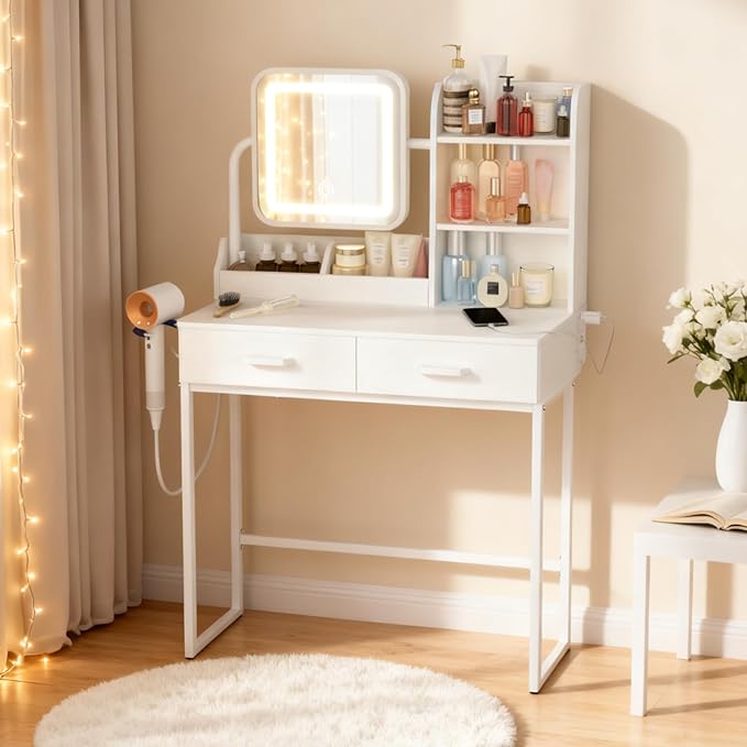 Compact Makeup Vanity for Girls with Mirror and Lights, Vanities Desk with 2 Drawers and Charging Station, Modern LED Lighted Bedroom Dressing Table, White