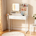 Compact Makeup Vanity for Girls with Mirror and Lights, Vanities Desk with 2 Drawers and Charging Station, Modern LED Lighted Bedroom Dressing Table, White