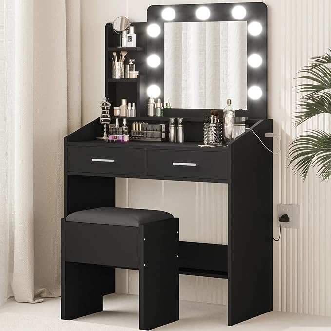 Vanity Desk with Lights and Mirror - Makeup Vanity Set with Power Outlet & USB Ports, 3 Lighting Modes, Adjustable Brightness, Includes 2 Drawers and Cushioned Stool, Small Dressing Table for Bedroom