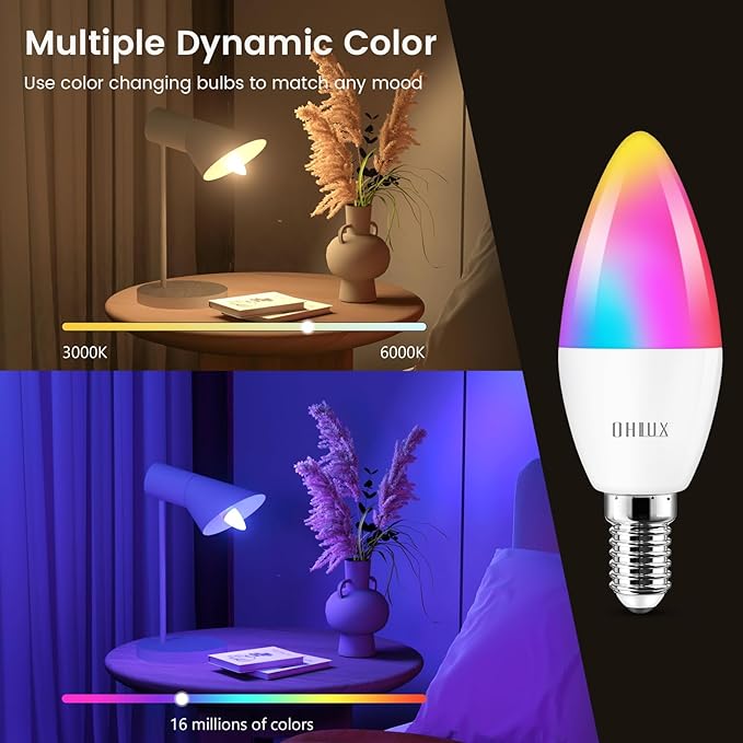 OHLUX E12 Led Bulb, Smart Candelabra Led Light Bulbs 4W 40 Watt Equivalent Work with Google/Alexa, Alexa WiFi Lights Bulbs RGBCW 16 Million Colors, 2.4GHz WiFi Only, No Hub Required, 2 Pack
