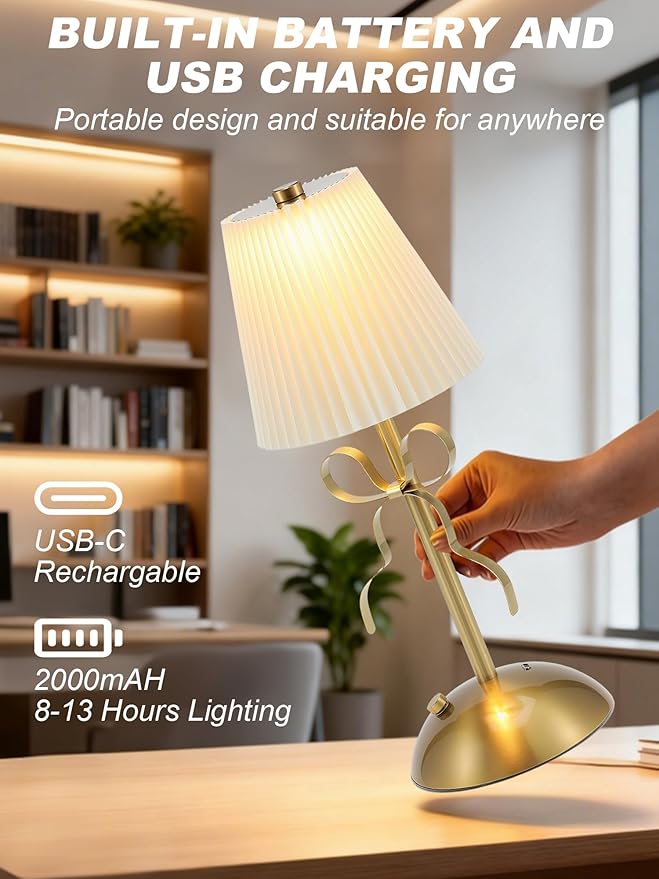 Cordless Table Lamp,Small Desk Lamp with 3 Color,Touch Dimmable Bedsdie Lamps,Bow Lamp with Fabric Shade,LED Night Light for Girls Room Princess Room Decor(Gold)