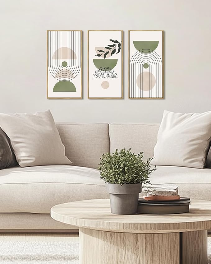 KUVIOKE Boho Wall Art Green Botanical Leaf Artwork Sage Framed Wall Decor for Bathroom 8x16in3pcs Natural Framed