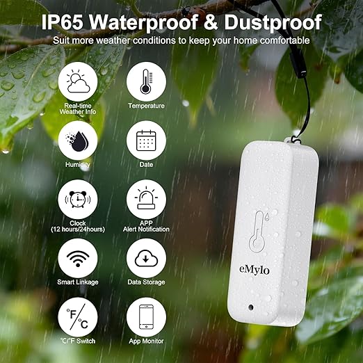 eMylo WiFi Hygrometer Thermometer 4 Pack, Smart Digital Indoor Temperature Humidity Monitor 426Ft Rang with 3 IP65 Wireless Sensors Outdoor Kit, App Alerts, Free Data Storage Export, Works with Alexa