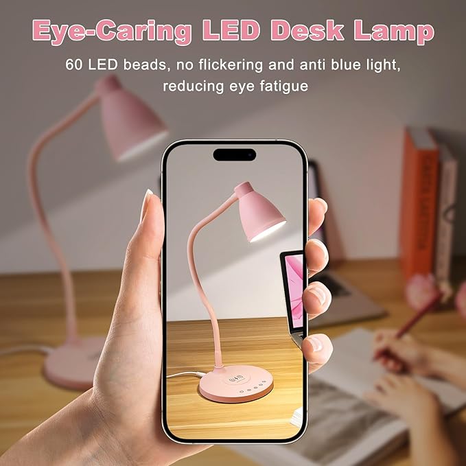 BOHON Cute Pink Aluminum Desk Lamp with USB C+A Charging Ports, Wireless Charger, 5 Colors Stepless Dimming, Touch Control, Memory Function, LED Light for Home Office College Dorm Room