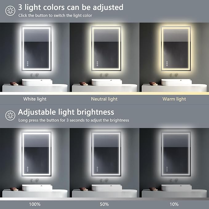 Led Bathroom Mirror with Light 24"x36" Frameless Lighted Vanity Mirror Wall Mount, Fogless, 3 Color Mode, Stepless Dimmable Front Light and Backlit, Smart Touch Sensor, Tempered Glass