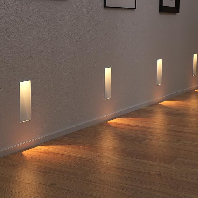 8 Pack Trimless Recessed Step Lights, 2W 3000K Warm White Wall Light, Indoor Rectangle Skirting Board Lighting, Invisible Stair Lights for Hallway, Bedroom, Staircase (No Dimming)