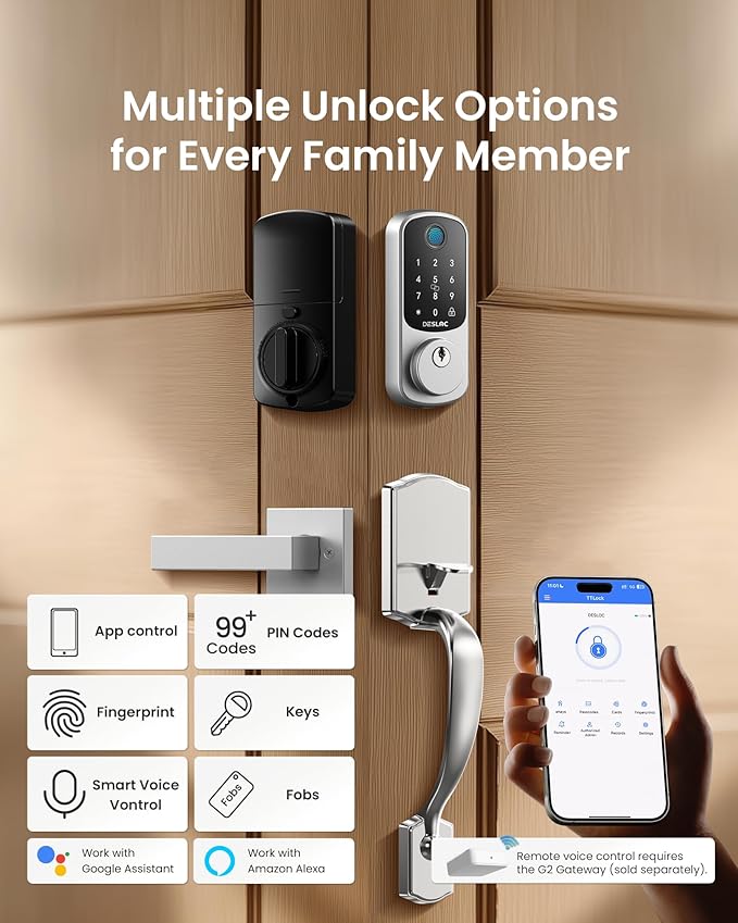 DESLOC B200 Fingerprint Front Door Lock Set with Durable Handleset, Keyless Entry Deadbolt, Electronic Keypad, App Control, Easy Installation, Designed for a Modern and Stylish DESLOC Home, Silver