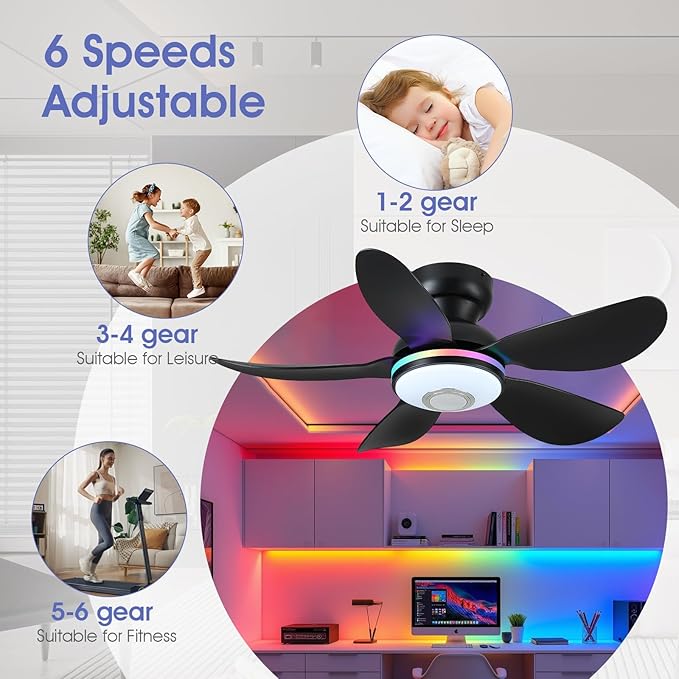 36" Ceiling Fans with RGB Lights Remote/APP Control, Small Ceiling Fan, 3 CCT Dimmable White Lights+RGB Ring Lights+Music Player, 5 Reversible Plastic Blades 6 Speeds for Kidsroom, Black