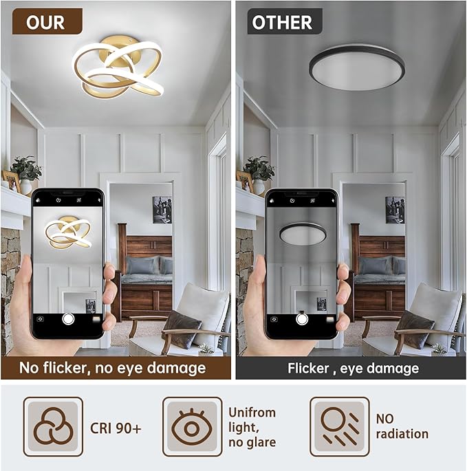 CANEOE Gold Led Hallway Light, 6000K Modern Led Ceiling Light Fixture, Small Close to Ceiling Lamp for Hallway Corridor Closet Bedroom Bathroom Kitchen Stair Curved Design