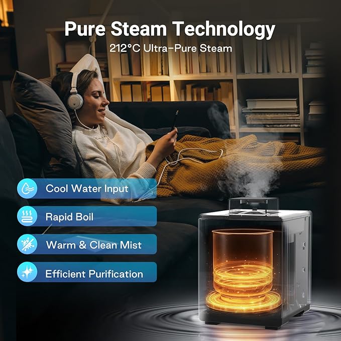 Stainless Steel Humidifier, 3L Warm Mist Humidifier, Easy Clean with Warm Steam Humidifier, Healthy Air Mist Humidifiers for Bedroom Living Room, with Sleep Mode and Auto-off Setting