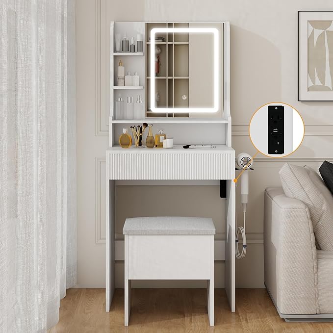 YOURLITE Fluted Makeup Vanity Desk with Mirror and Lights, 24" Small Vanity Table Set with LED Mirror & Stool, Dressing Table for Bedroom