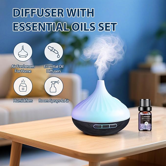 Essential Oil Diffuser 500ml, Ultrasonic Aromatherapy Humidifier with Remote Control, 7 LED Colors, Timer & Auto-Off, Diffuser for Large Rooms
