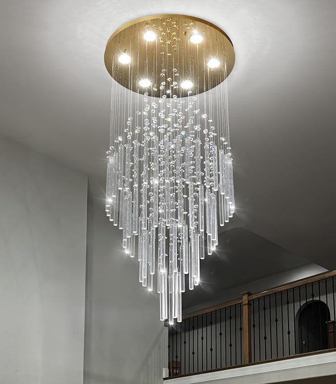 W20 x H40 Crystal Glam Chandelier Long Light Chandeliers with Dimmable Light Bulbs High Ceiling Light Fixtures for Foyer Entryway Living Room Stair Gold