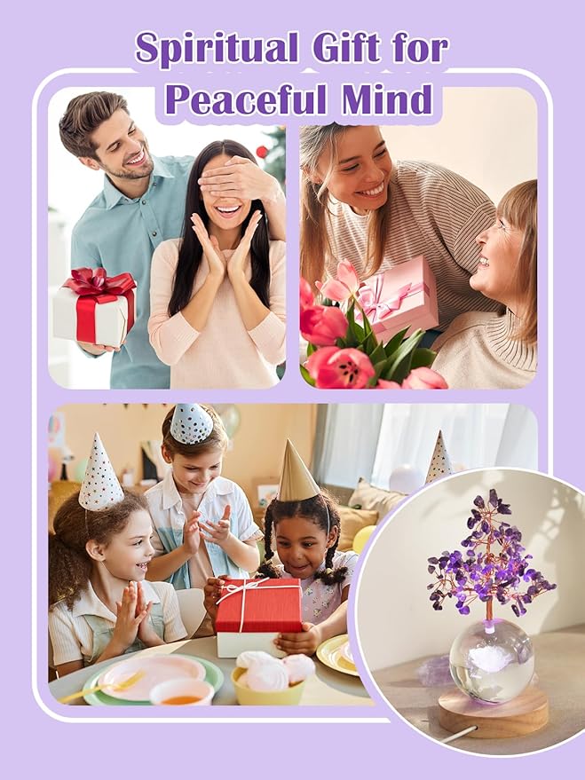 Amethyst Crystal Tree of Life for Positive Energy, Chakra Healing Tree with Remote Control Multicolor Night Light for Home, Office, Desk Decor, Purple Gift for Women, Girls (Rose)