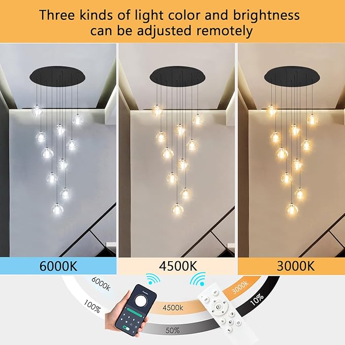 LED Chandeliers for Dining Room Adjust High Ceiling Chandelier Light Fixtures Entrance LED Dimmable Ceiling Pendant Drops Light Remote Lights for Living Room Stairwell 2700K 6000K