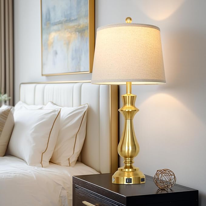 Touch lamp for Night Stands - 29.5" Tall Bedside Lamp with USB C+A, 3 Way Dimmable Bedroom Lamps, Gold Metal Table Lamps for Living Room, Single Gold
