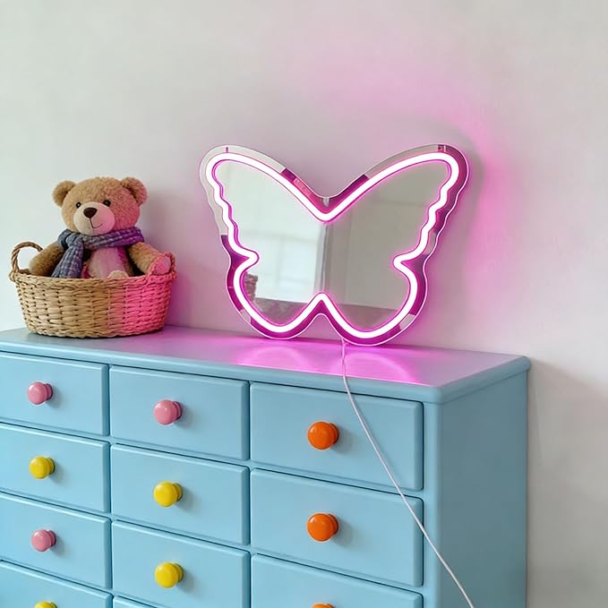 Butterfly Neon Sign with Mirror Backing - Dimmable LED Mirror Wall Decor for Girl's Bedroom, 16x12 Inch Glowing Pink Butterfly Vanity Mirror with Lights, USB Powered Kids Room Gift