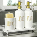 Cisily Gold Kitchen Soap Dispenser Set with Dish Brush Holder, Dish and Hand Soap Dispenser Set with Stainless Steel Pumps, Instant Dry Tray, Suitable for Kitchen Decor and Accessories(Gold&White)