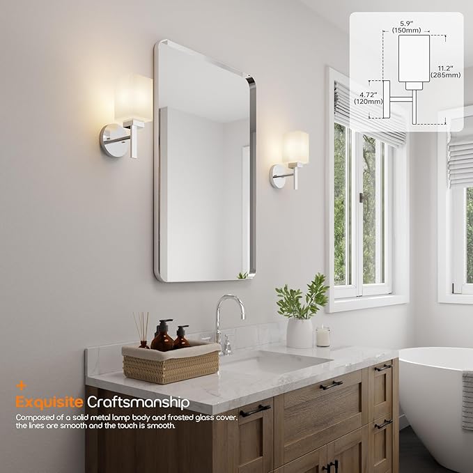 Vanity Lighting Fixtures Polished Chrome Bathroom Lights with White Frosted Glass Shade, Wall Sconces for Mirror Hallway Entrance, 2 Pack T002CH-L1-P2