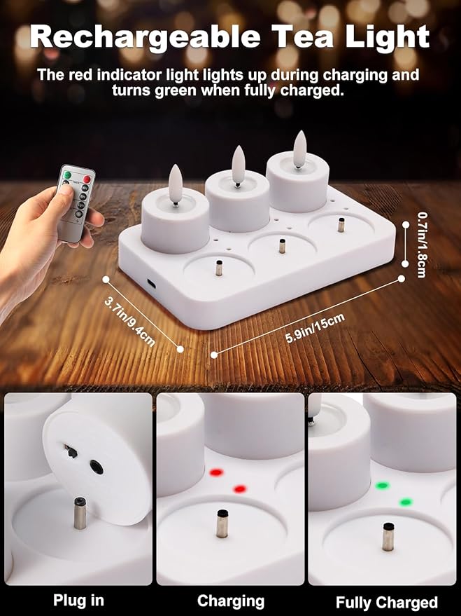 Rechargeable Flameless Tea Lights Candles with Timer Romote, 1.5"x 2" Small Votive Candle Battery Operated with USB Charging Base, Electric LED Candles for Wedding Centerpiece Table Decor (6 Pack)