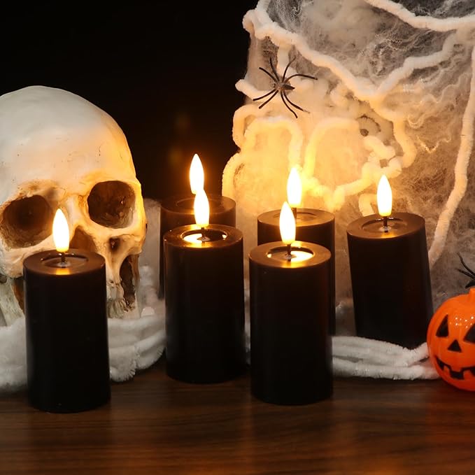 Halloween Decorations Mirror Surface Candles with Remote Timer, Battery Operated 6pcs Real Wax LED Votive Candle Realistic Flickering for for Halloween Decor Lantern Φ 2" H 4.5” Black