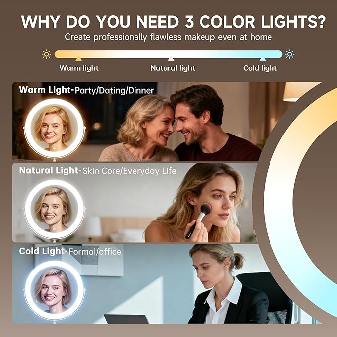 Professional 8" Large Lighted Makeup Mirror with Brighter Lights, 1X/10X True HD Magnifying Mirror with 3 Color Dimmable Lights, 92 Shadowless LEDs, 360°Swivel Seamless Vanity Mirror, Chrome