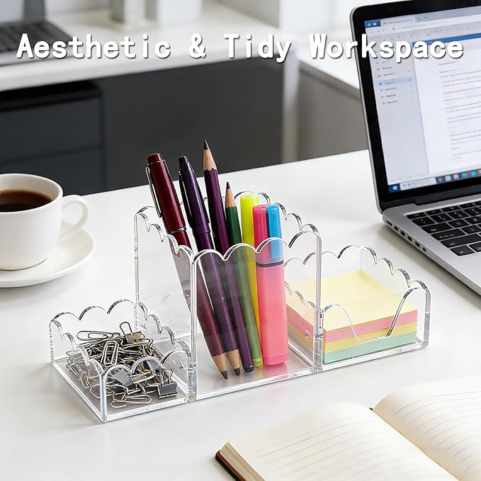 YAGELI Clear Acrylic Desk Organizer Set of 3, Magnetic Modular Pen Holder with Sticky Notes & Paperclip Tray, Aesthetic Desk Accessories for Home Office & Minimalist Decor