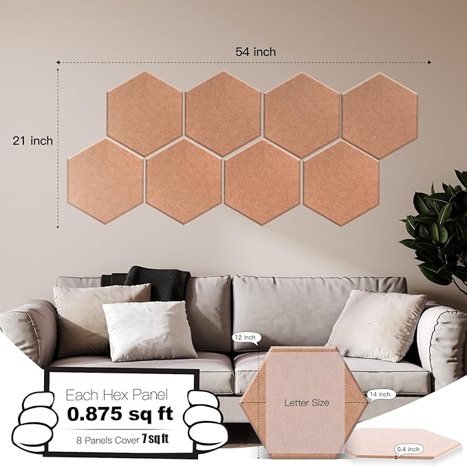 Mollywell Hexagon Acoustic Panels 14x12 - Reduce Echo & Reverb, Noise Blocking Wall Tiles for Home Office & Library, Deep Brown Sound Absorbing Panels