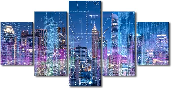 Canvas Wall Art for Office 5 Panel Smart City Poster Modern Home Decoration Artwork Digital Transformation Picture Printing Men Living Room Wall Decor Big Data Worker Bedroom Decorate 60x32 Inch