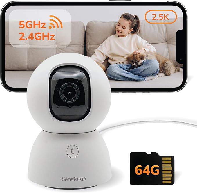 SensForge 2.5K Pan-Tilt Security Camera, 360° Dual-Band WiFi Camera for Home, Free AI Human & Pet Detection, 2-Day Cloud + 64GB SD Storage, Two-Way Talk, Optional AI + Storage Upgrade (1, White)