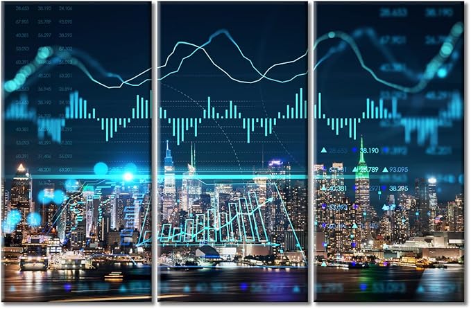 TUMOVO 3 Panels Office Decor Night Manhattan Midtown USA Pictures Wall Art for Living Room Concept of Internet Trading Brokerage and Analysis Posters and Prints Framed Ready to Hang (42" Wx28 H)