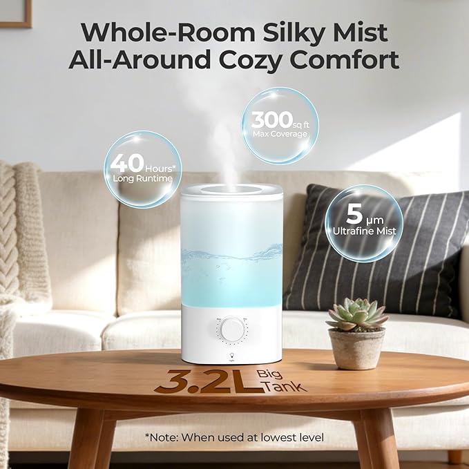 Top-Fill Cool Mist Bedroom Humidifier for Plants & Baby Nursery, 3.2L Large Capacity for up to 40H Runtime, Ultra Quiet <28dB, 3 IN 1, 5μm Fine Mist, BPA-Free for Living Room, Desk, Office
