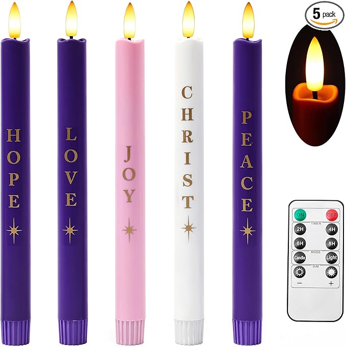 Flameless Advent Candles Battery Operated, Advent Candles Set of 5, 10 Inch Tall, Realistic 3D Flames and Remote Control, Electric LED Candle Set for Advent Wreath