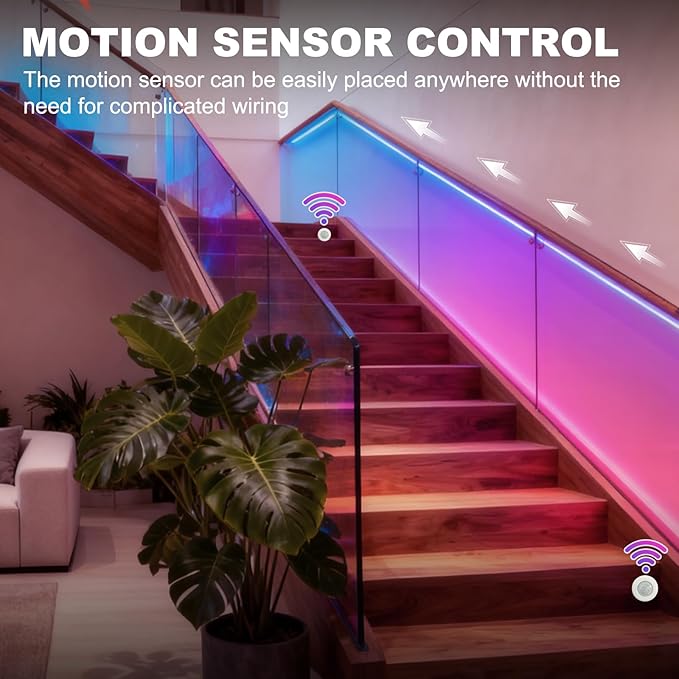 Motion Sensor RGB Stair Light Kit, 5m(16.4ft) Smart WiFi SPI Stair Wall Lighting with PIR & Daylight Sensors, Tuya App Control, Addressable COB LED Strip for Indoor Staircase Handrail Wall Stairway