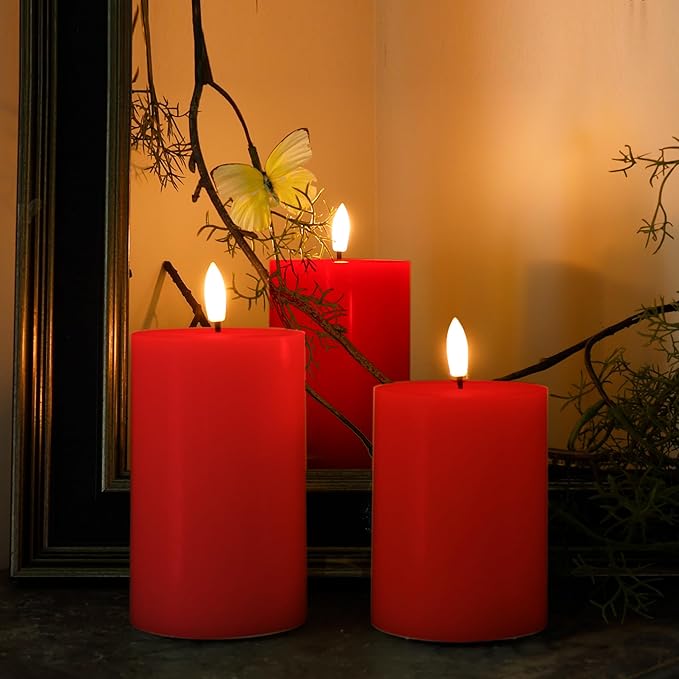 Flameless Pillar Candles with Remote, 3 Pack Battery Operated Real Wax LED Candles, Perfect for Home Decorations Fireplace Table, Red