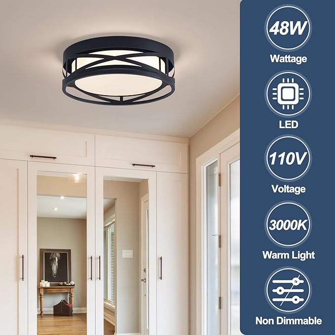 Modern LED Ceiling Light Fixture, Square LED Flush Mount Hallway Light Fixtures, Farmhouse Black Close to Ceiling Light for Hallway Bedroom Balcony Porch Stairway Ceiling Lamp (Round, 3000K)