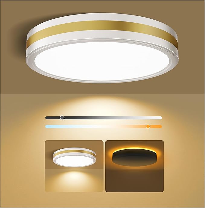 13 Inch Flush Mount Ceiling Light with Night Light, 5CCT Modern White Gold LED Ceiling Light Fixture, 25W 2500LM 2700K-6500K Adjustable, Dimmable Light Fixtures Ceiling Mount for Bedroom Hallway, ETL