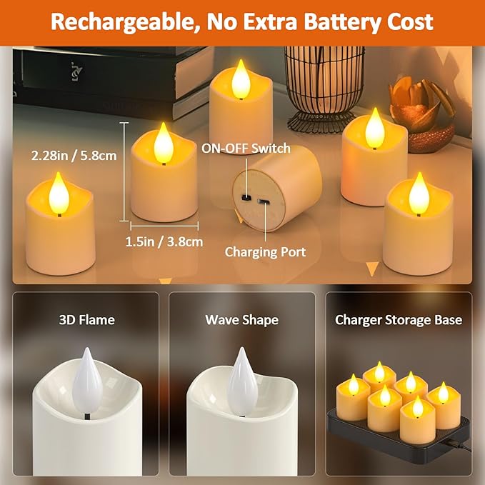 Yme Rechargeable Tea Lights Candles with Charger Storage Base, 6 Pack Battery Operated LED Flameless Votive Candles with Remote Timer for General Room Home Lantern Weddings Emergency Party Decor