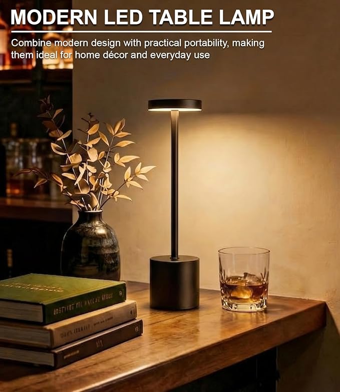 Black Cordless Table Lamp, Rechargeable 5000mAh Battery Powered Wireless Table Light, 3 Color Dimmable Lighting, Patio Outdoor Table Lamp, Bedside Night Lamp, Ambient Light for Dining