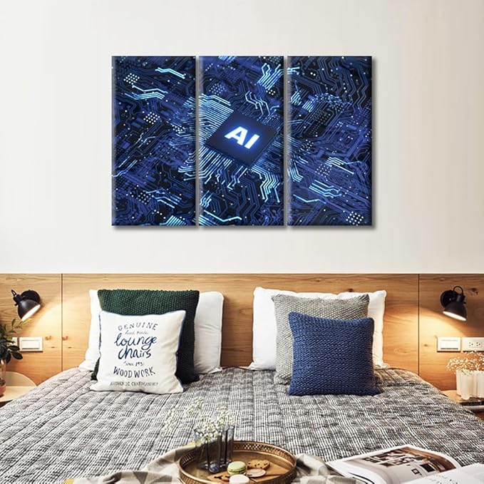 3 Pieces Chip Canvas Wall Art for Bedroom Artificial Intelligence Concept Wall Paintings for Living Room Virtual Network Office Modern Wall Art Pictures Print on Canvas Framed Ready to Hang (42"Wx28"H)