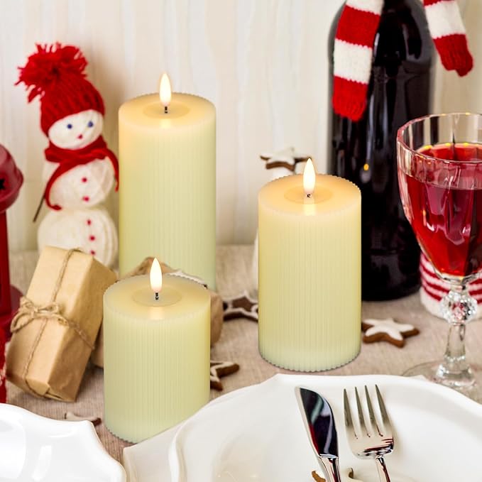 DRomance Battery Operated Flameless Candles with 6 Hour Timer 3 Pack Real Wax Vertical Stripe 3D Wick Flickering LED Pillar Candles Dinner Wedding Christmas Holiday Decor(Ivory, 3" D x 5", 6", 7" H)