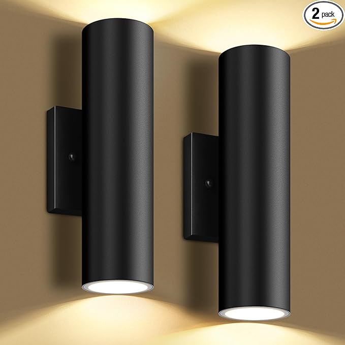 GoBright Outdoor Wall Lights, 12W 3000K Integrated LED Cylinder Up Down Lights, 1200LM Super Bright Waterproof Exterior Wall Sconce, 2-Pack Modern Black Outside Wall Lantern for Porch Patio Garage