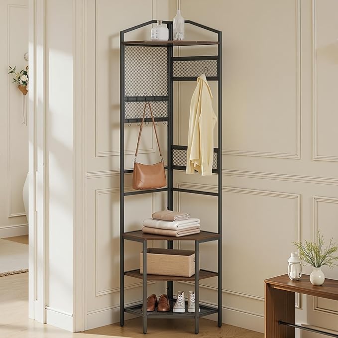 VEVOR Corner Hall Tree, 71.3 in Coat Rack with Hooks, Top Shelf & Steel Frame, Freestanding Clothes Shoes Rack Storage Organizer with Anti-Tip Set, Adjustable Non-Slip Feet for Entrance Closet Office